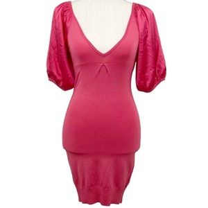 Bebe Pink Bodycon Mini Dress Y2K Plunge Neckline Blouson Puff Silky Sleeve Sz XS